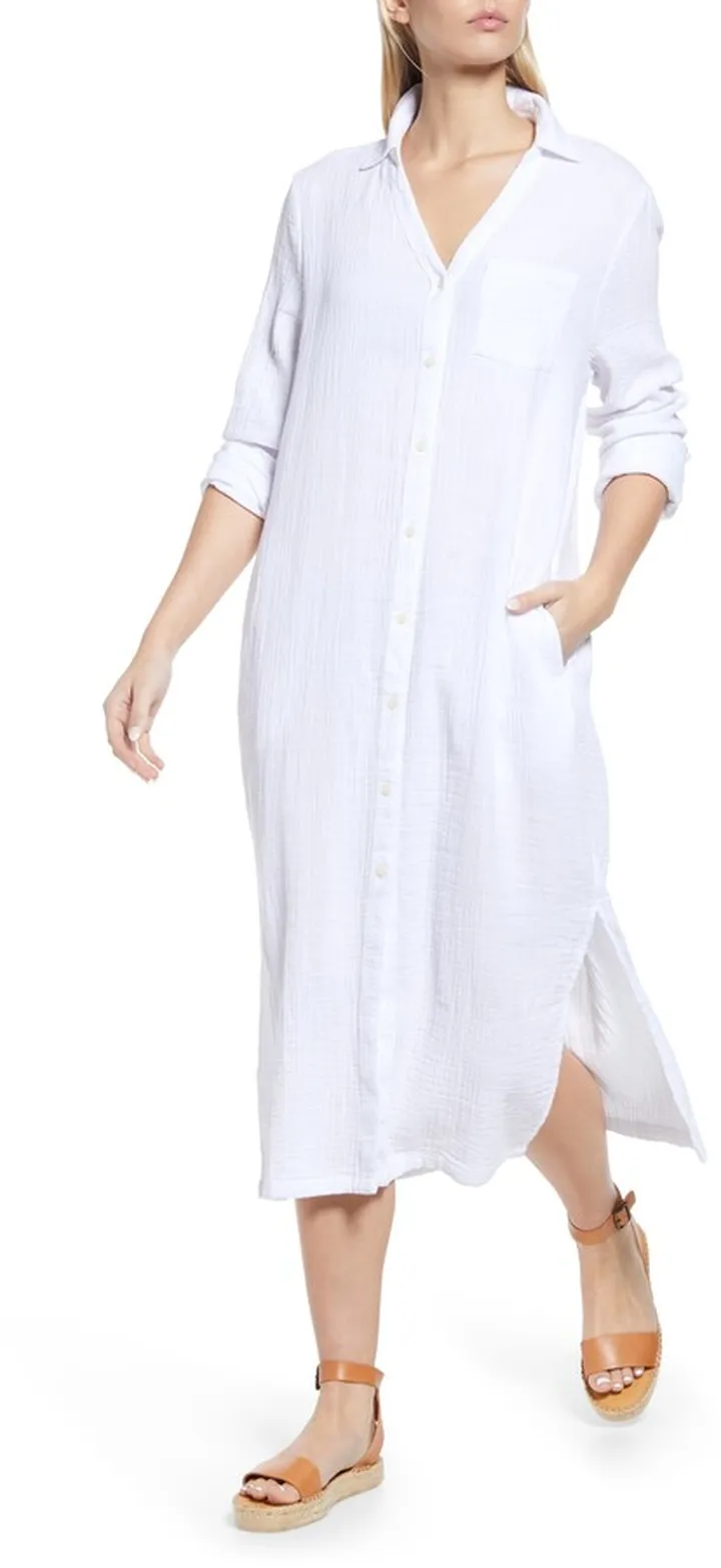 Cotton Gauze Long Sleeve Midi Shirtdress