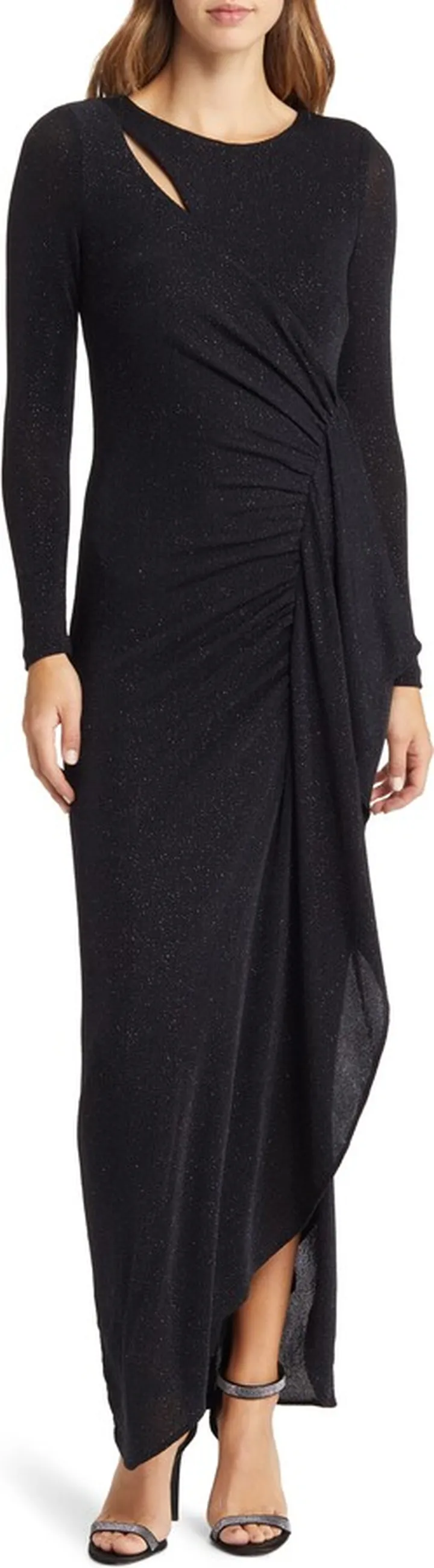 Ruched Metallic Long Sleeve Gown