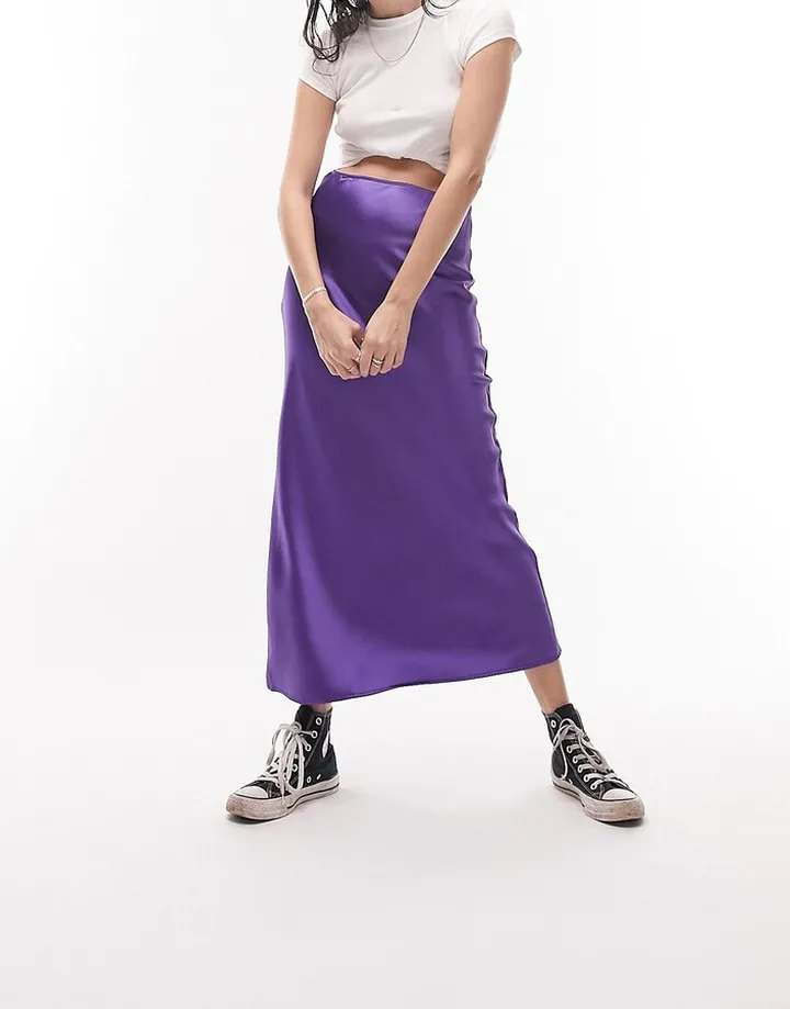 Topshop satin bias midi skirt in purple