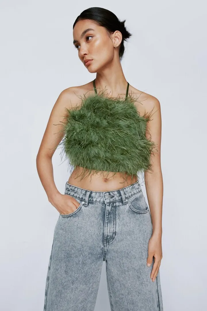 Nasty Gal Womens Petite Halterneck Feather Lace Up Back Top