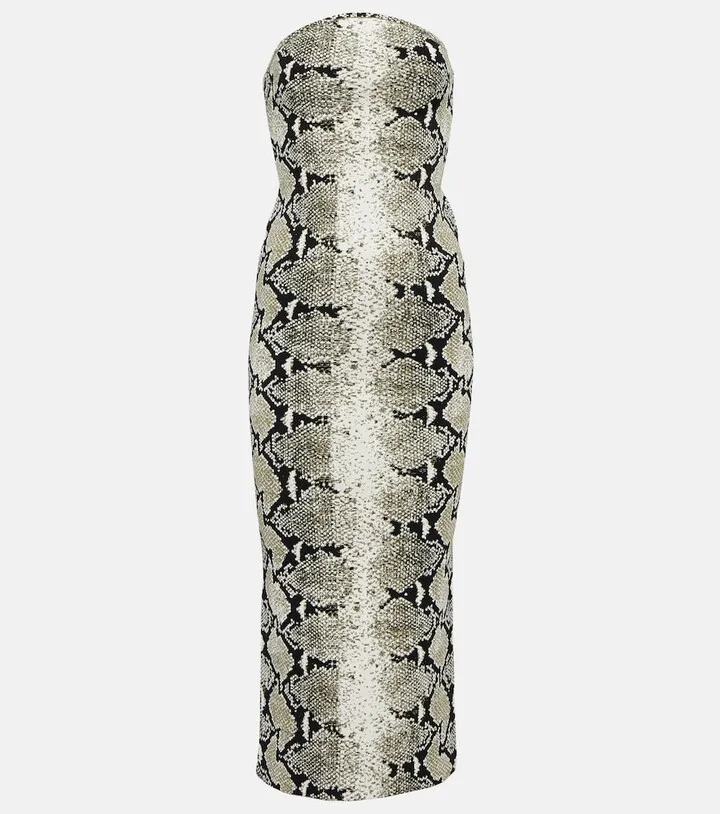 Strapless snake-printed midi dress