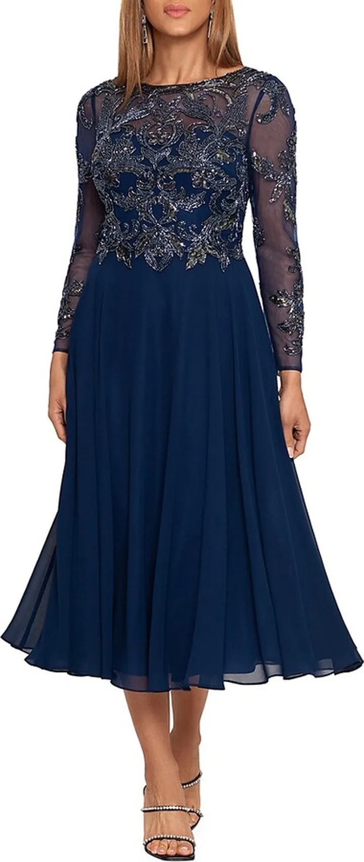 Beaded Sheer Illusion Fit and Flare Dress