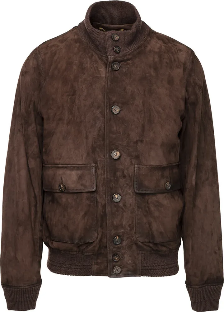 Brown suede jacket with knit neck and knit wristband from Golden Goose.