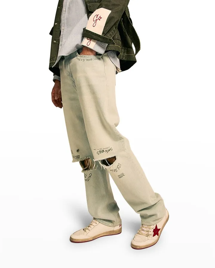 Men's Bleached Printed Knee-Rip Jeans