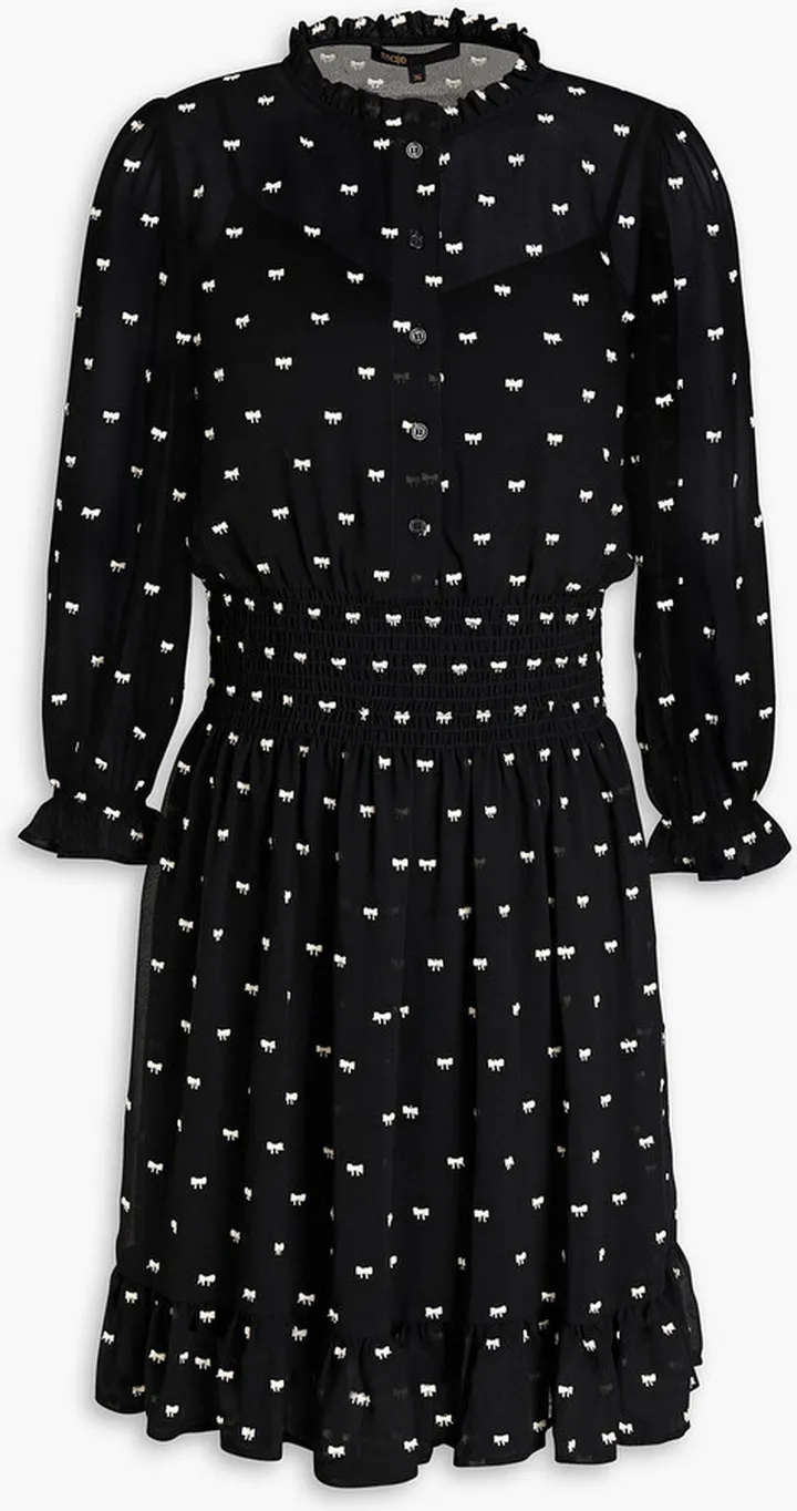 Gris shirred embroidered chiffon mini dress