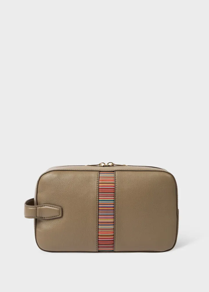 Khaki Leather 'Signature Stripe' Wash Bag