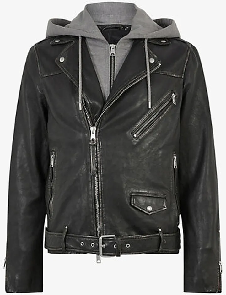 Mens Black Charter Hoody-detail Leather Biker Jacket