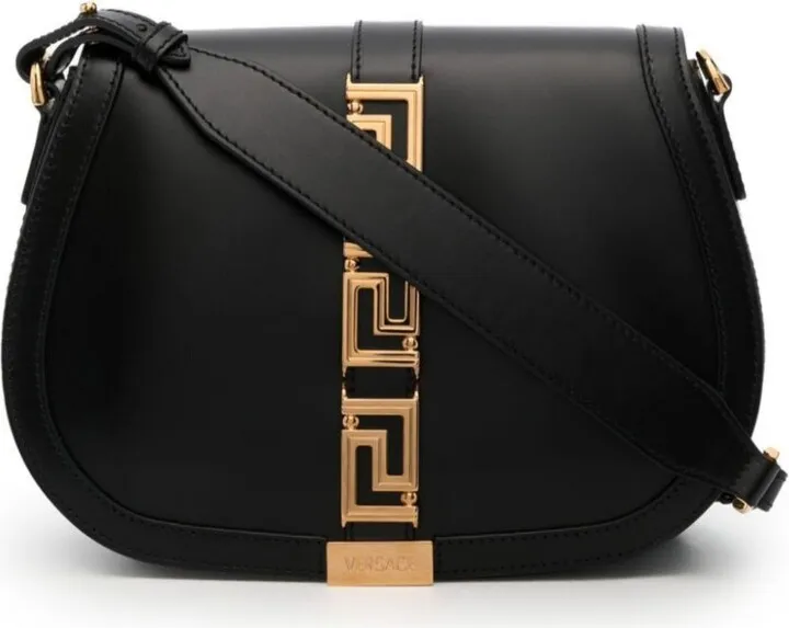 Black Greca Goddess Large Leather Shoulder Bag