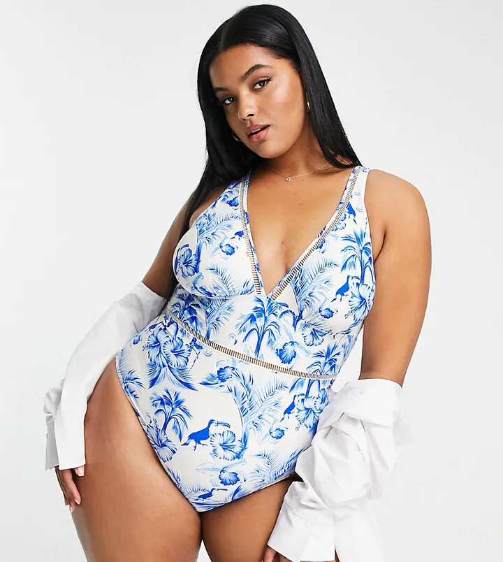 Figleaves Plus toulouse plunge tummy control swimsuit in blue white print