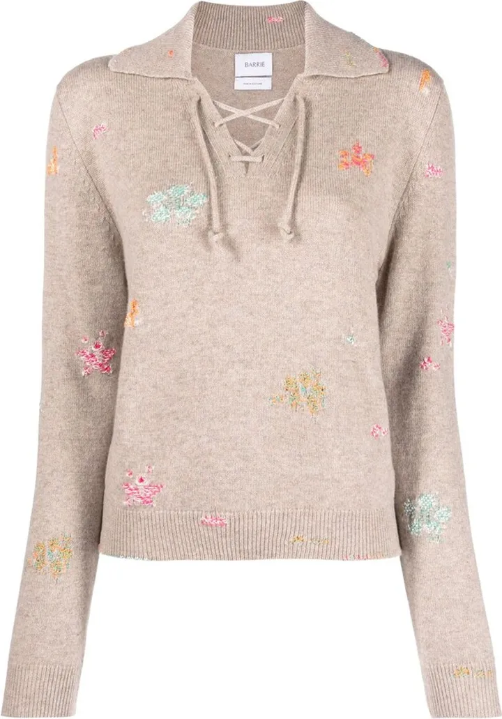 floral-embroidered V-neck jumper