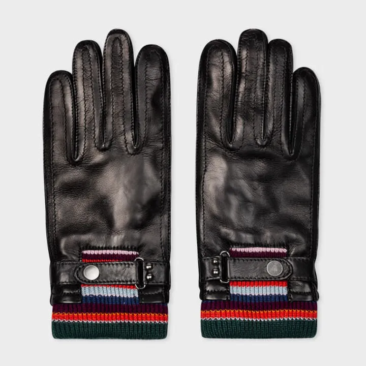 Black Leather Gloves With Striped Wool Cuffs