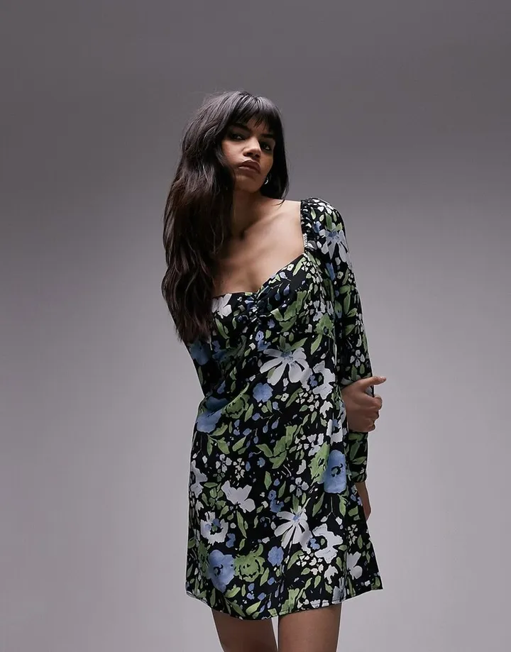 Topshop puff sleeve floral mini tea dress in multi