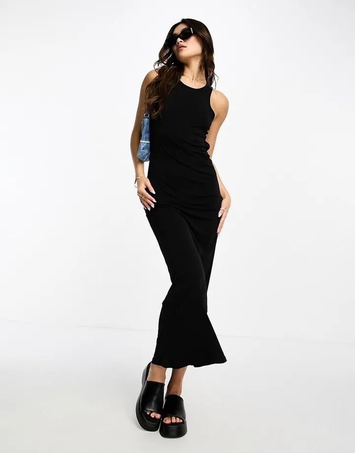 Stradivarius ribbed tank midi dress in black