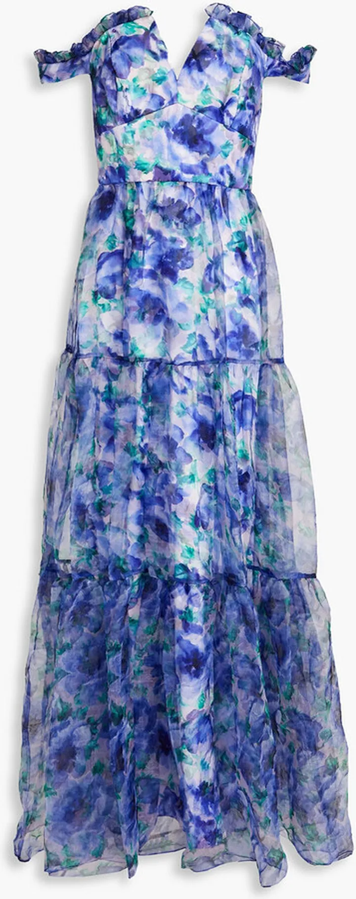 Off-the-shoulder floral-print crinkled organza gown