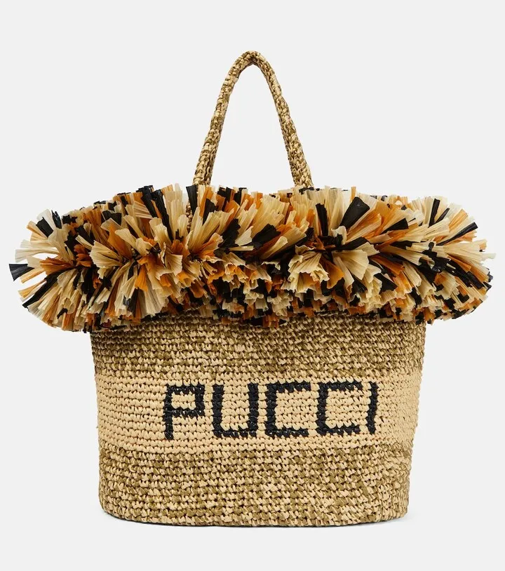 Logo fringe-trimmed raffia tote bag