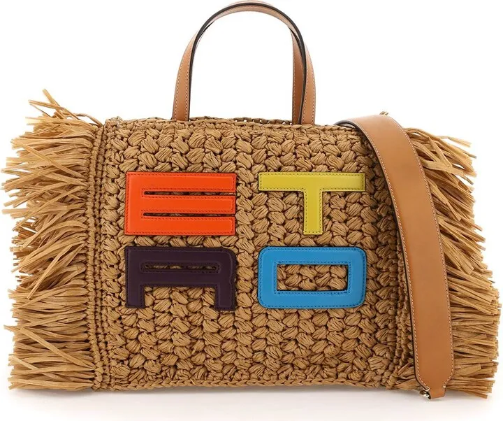 Medium Raffia Shopping Bag With Cube Logo