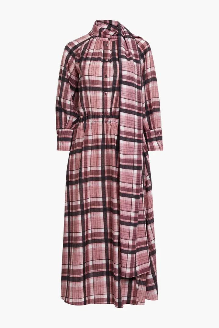 Tie-neck checked crepe midi dress