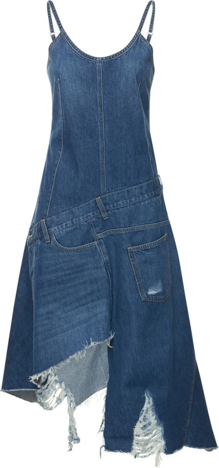 Distressed asymmetrical denim midi dress