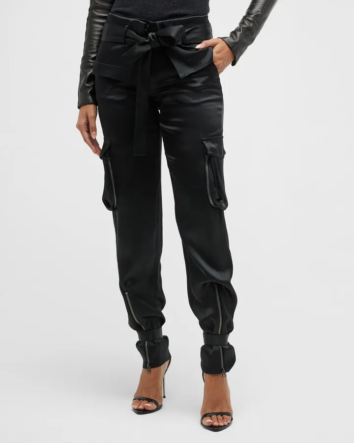 Zip-Hem Belted Straight-Leg Satin Cargo Pants