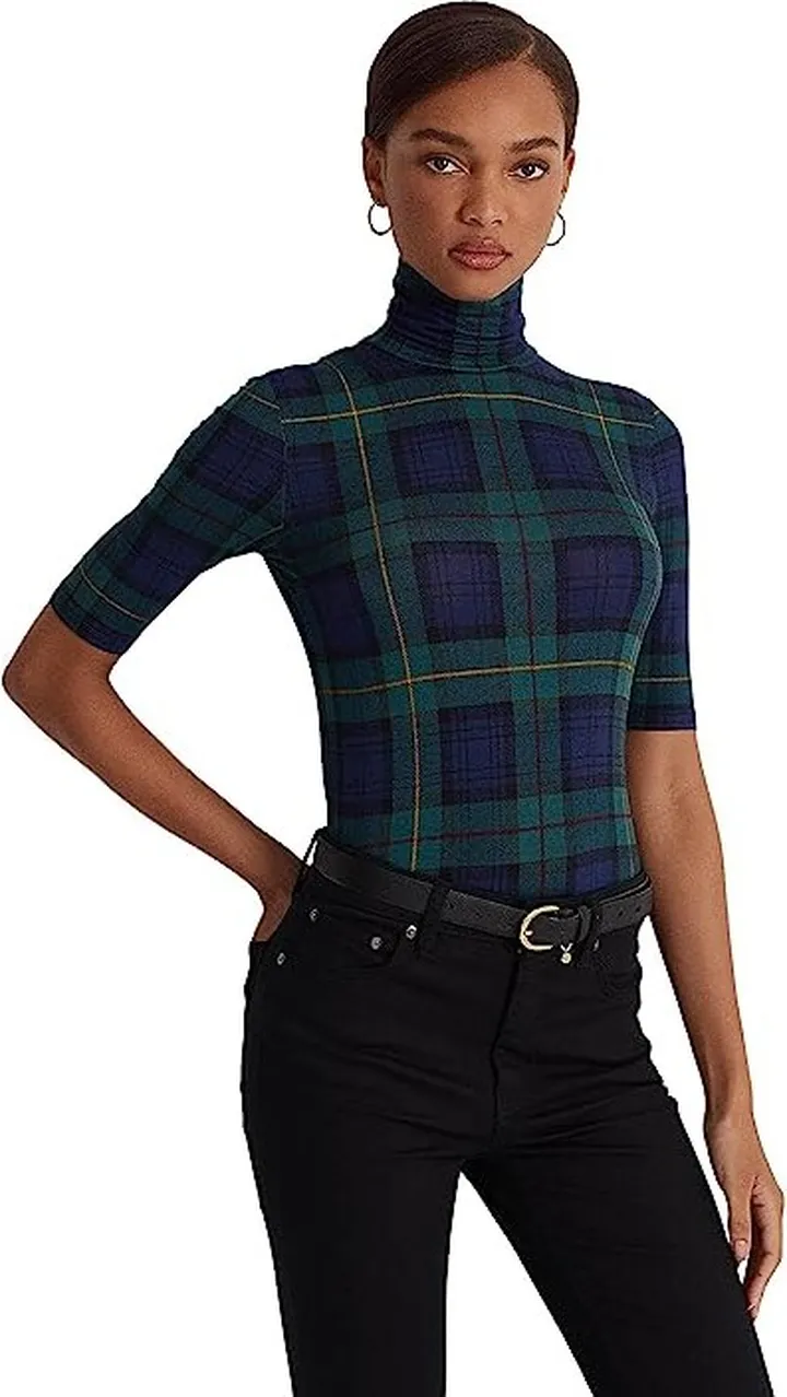 LAUREN Ralph Lauren Plaid Stretch Jersey Turtleneck (Navy Multi) Women's Clothing
