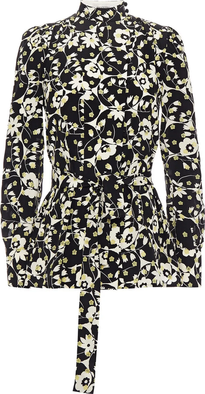 Belted floral-print silk crepe de chine blouse