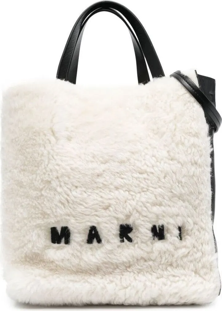 Museum White And Black Wool Shopper Bag With Logo Marni Woman