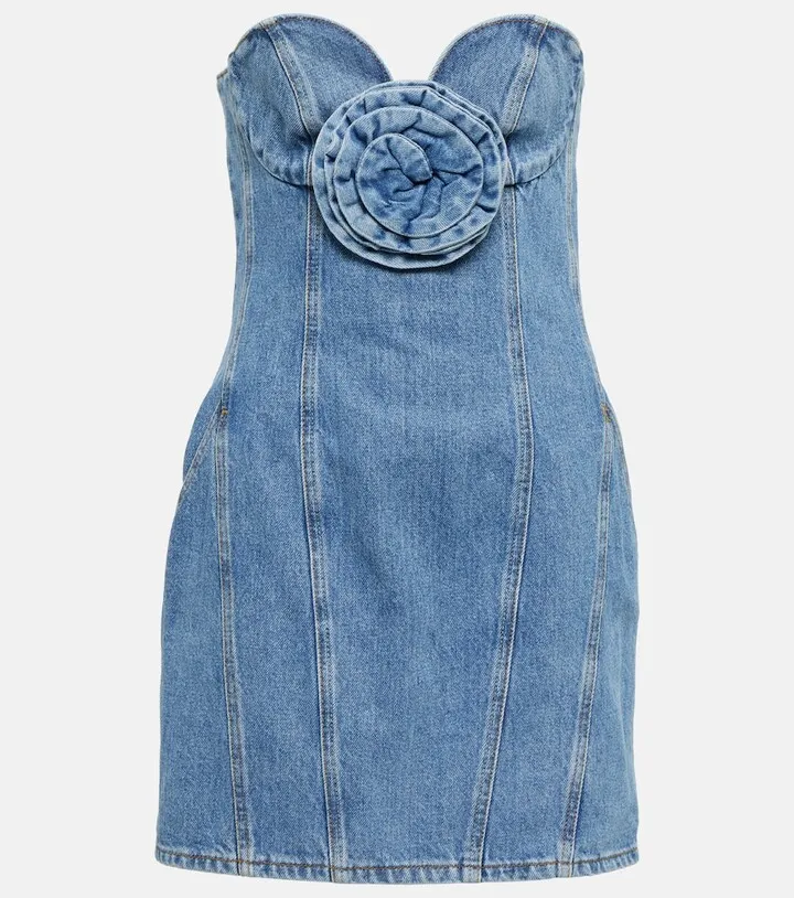 Floral-applique denim minidress