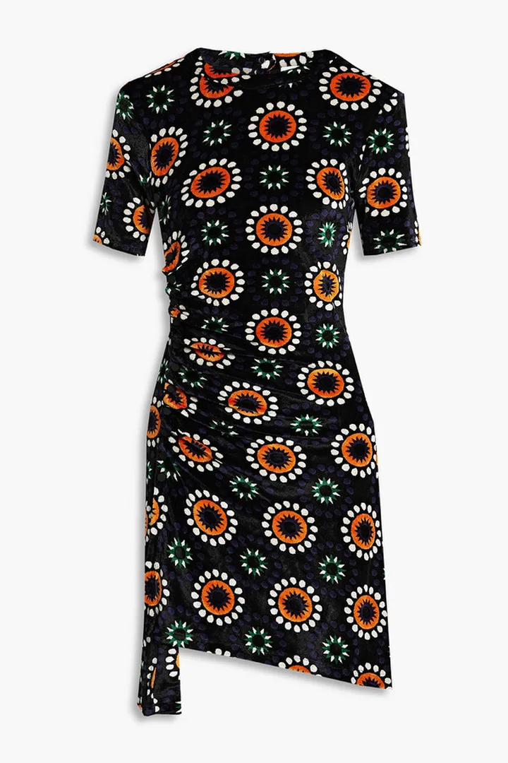 Snap-detailed printed velour mini dress