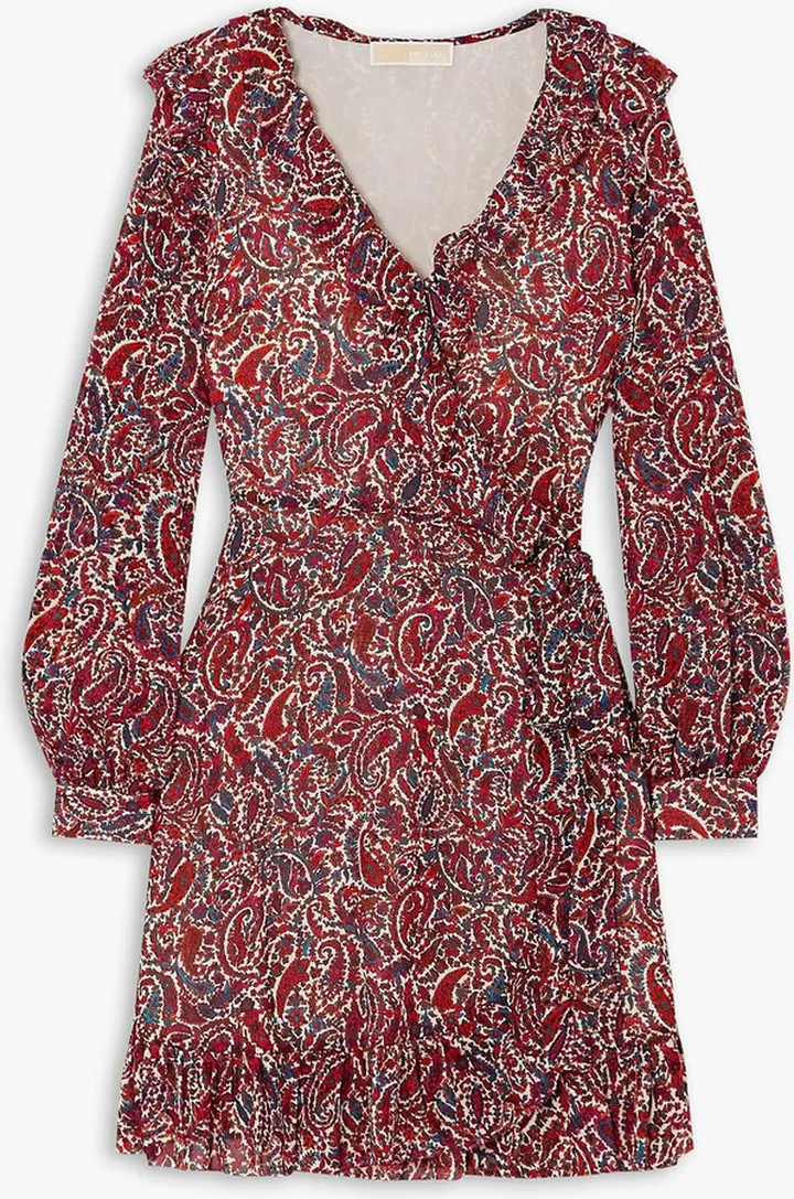 Ruffled paisley-print crepe wrap mini dress