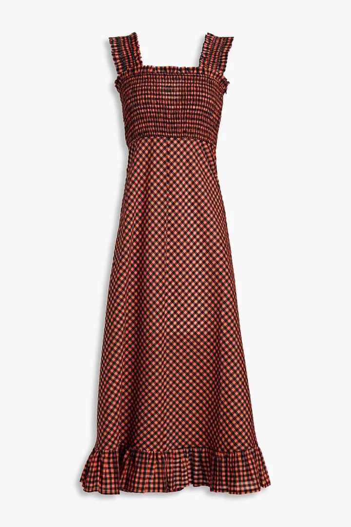 Shirred iridescent checked seersucker midi dress