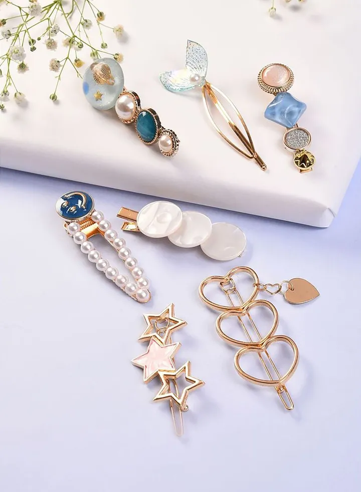 Pack of 7 Gold Plated Designer Stone Pearl Hair Pin