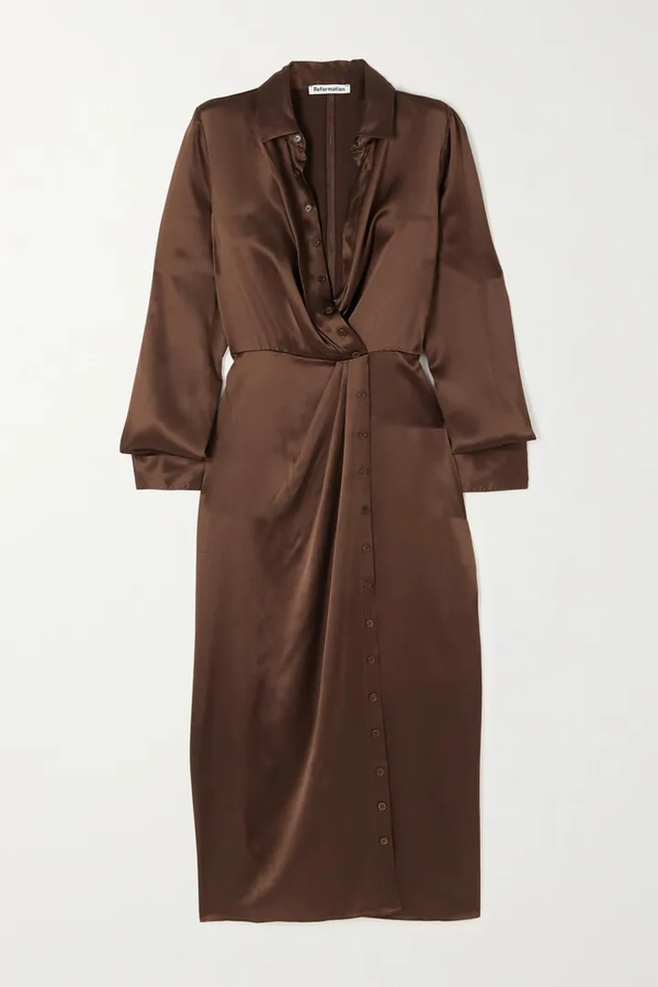 Reformation - Lyon Silk-satin Midi Shirt Dress - Brown