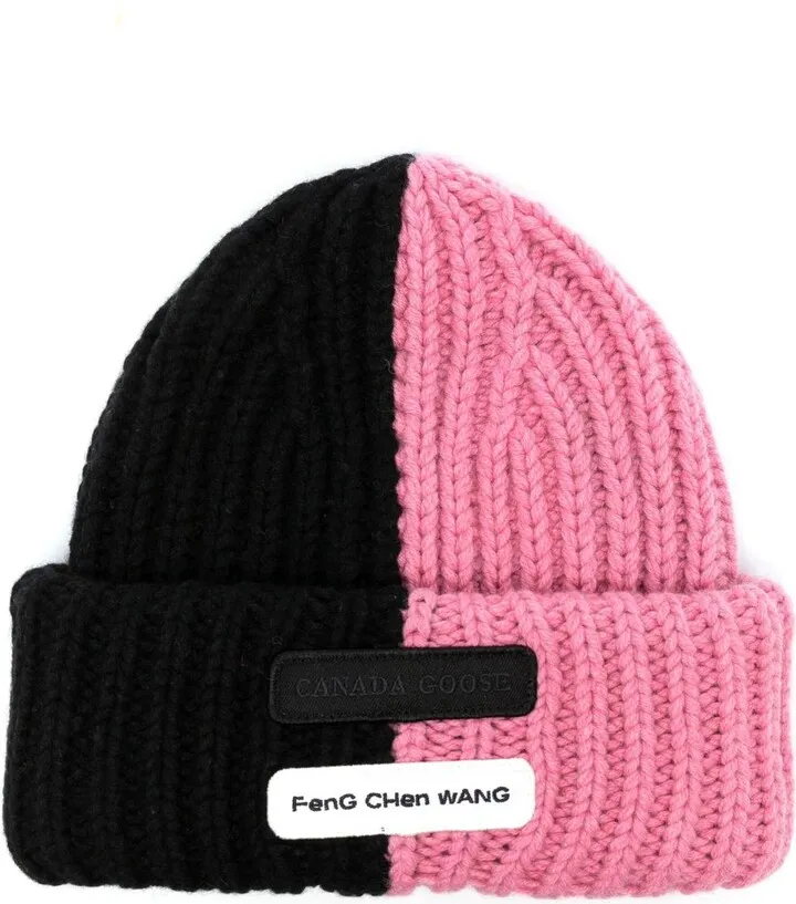 X Feng Chen Wang Black And Pink Logo Patch Beanie Hat