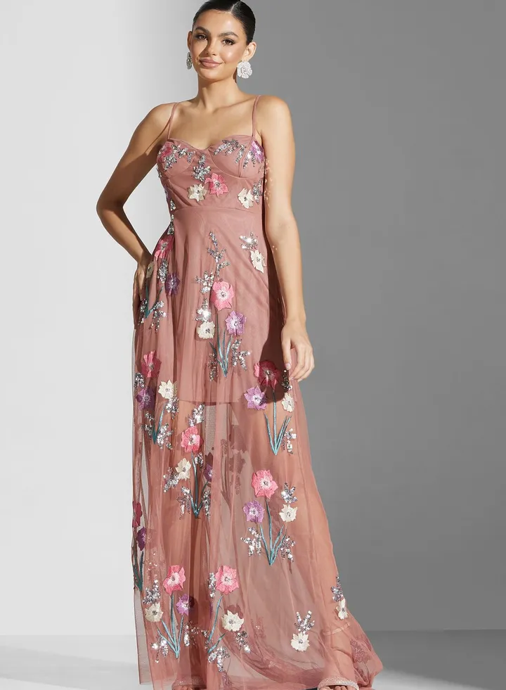 Embroidered Strappy Tiered Dress