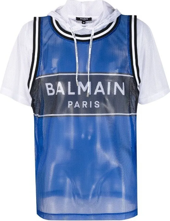 Balmain Logo Print Hooded Mesh T-Shirt