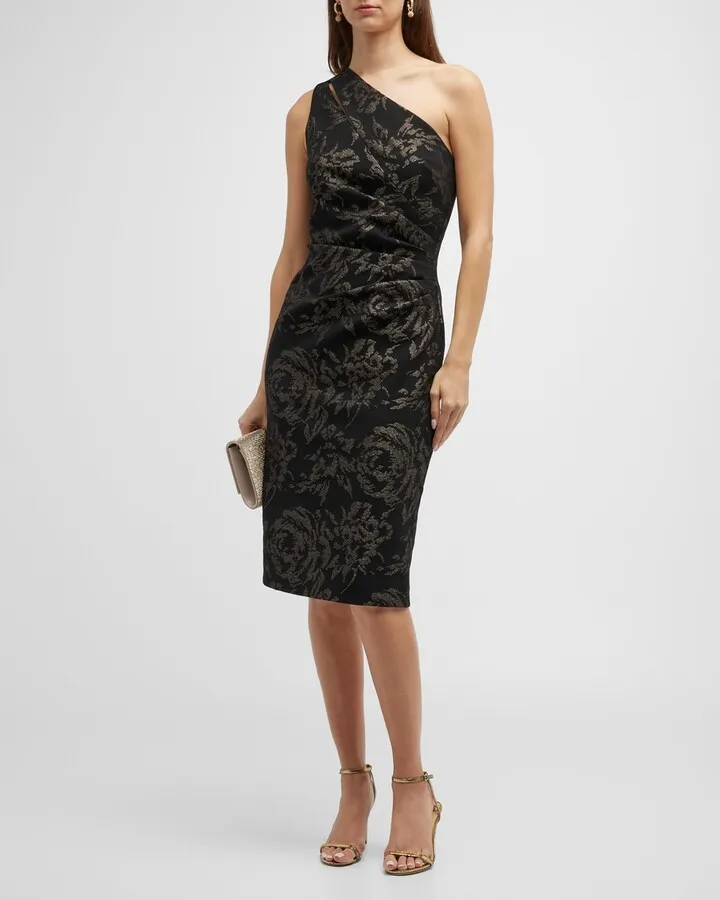 One-Shoulder Cutout Floral Jacquard Dress