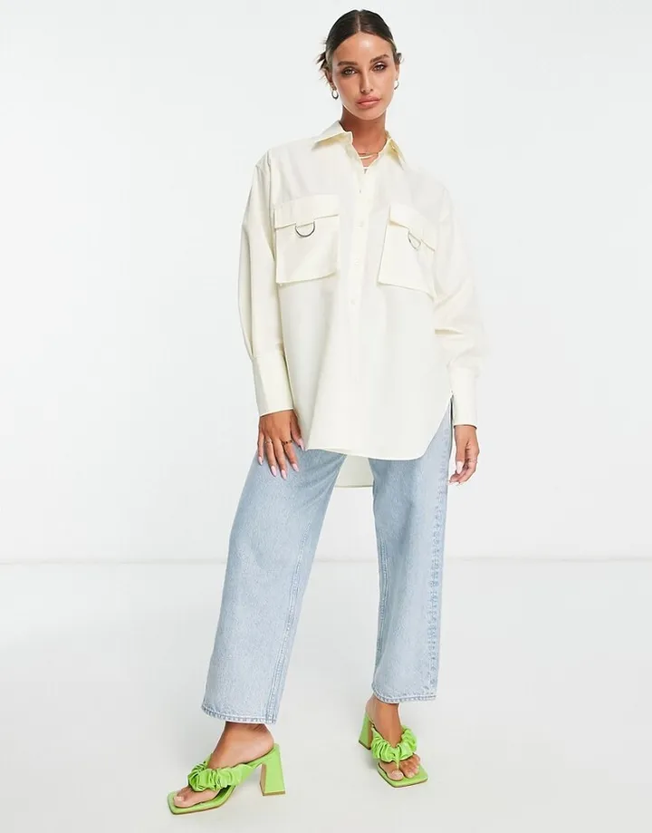 ASOS DESIGN oversized shirt with utility pockets in cream
