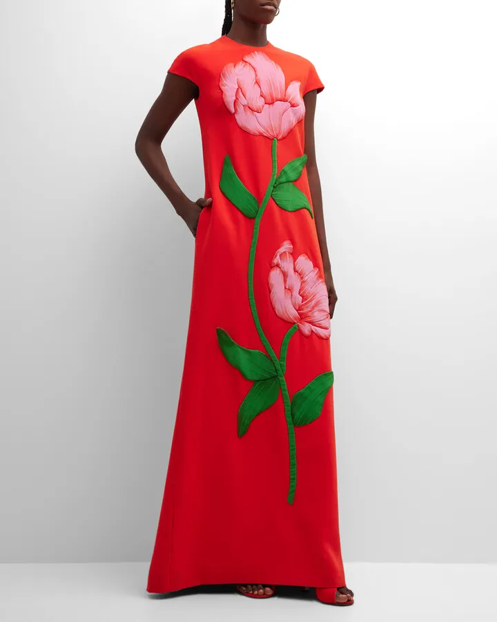 Flower Cap-Sleeve Caftan Gown