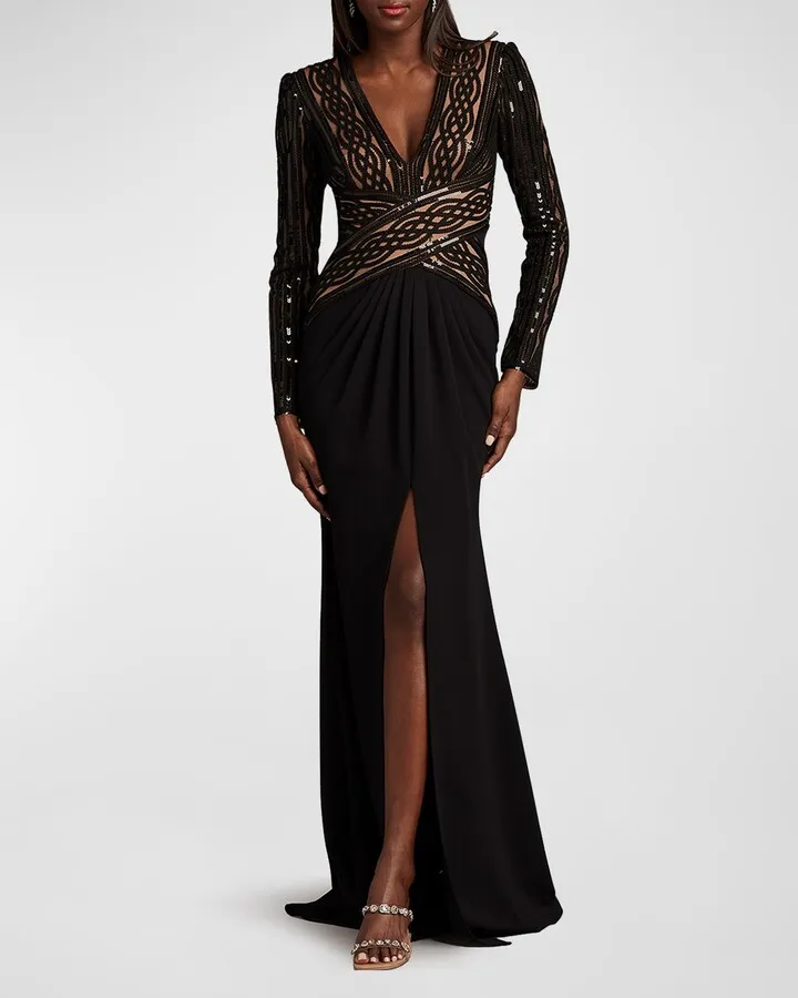 Sequin Lace Deep V-Neck Gown