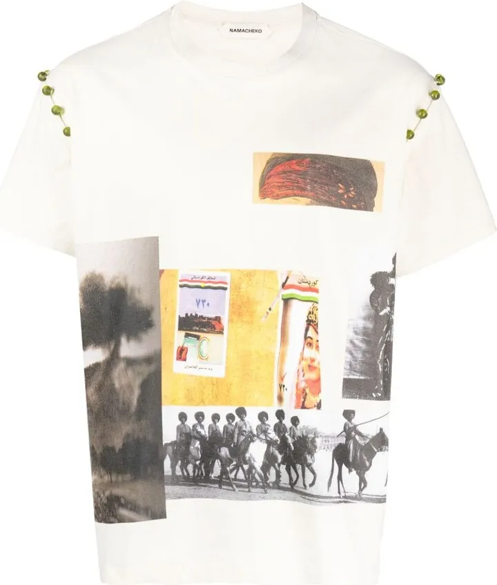 photograph-print bead-embellished T-shirt