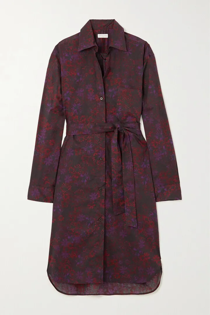 Dries Van Noten - Belted Floral-print Cotton-voile Shirt Dress - Burgundy