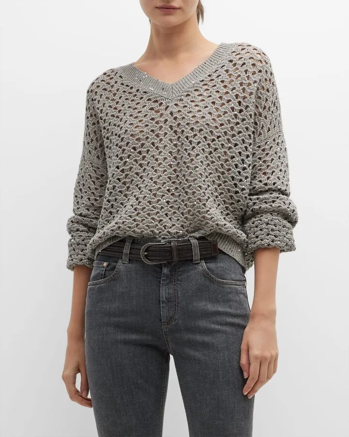 V-Neck Paillette Crochet Knit Sweater
