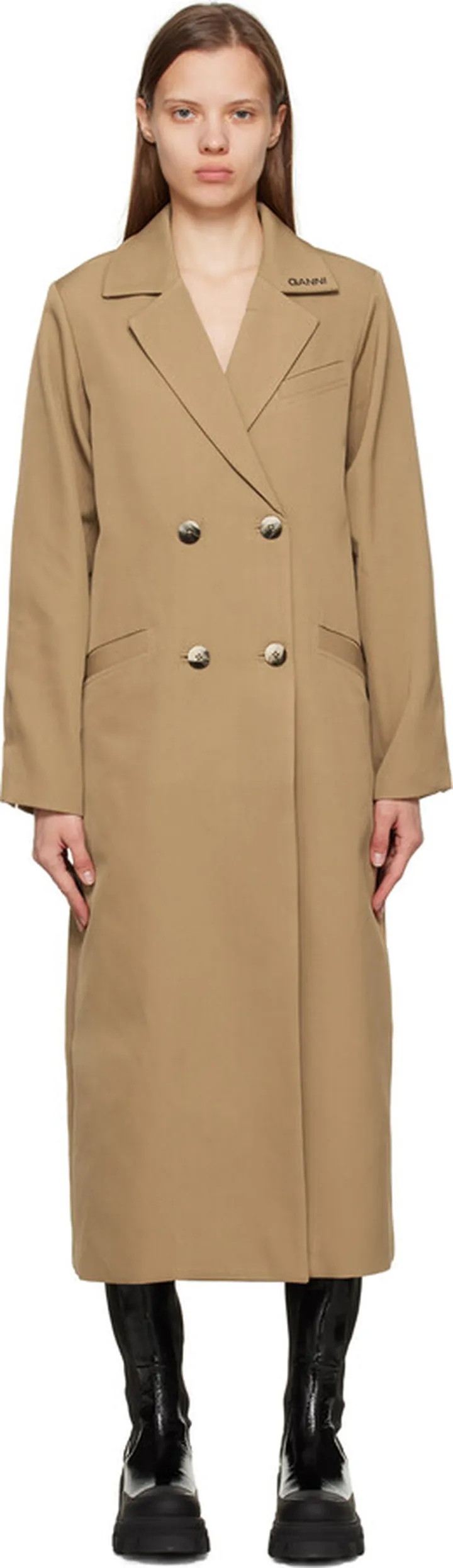 GANNI Tan Double-Breasted Coat
