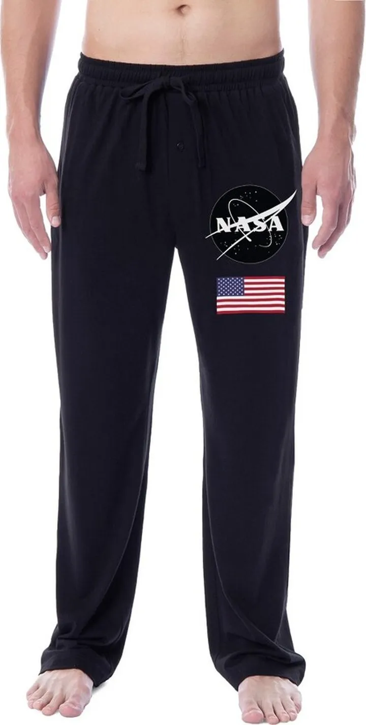 NASA Mens' Logo Icon American Flag Space Sleep Pajama Pants (Small) Black