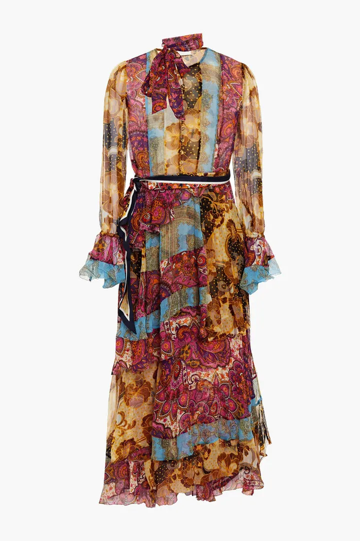 Tiered tie-neck printed silk-crepon midi dress