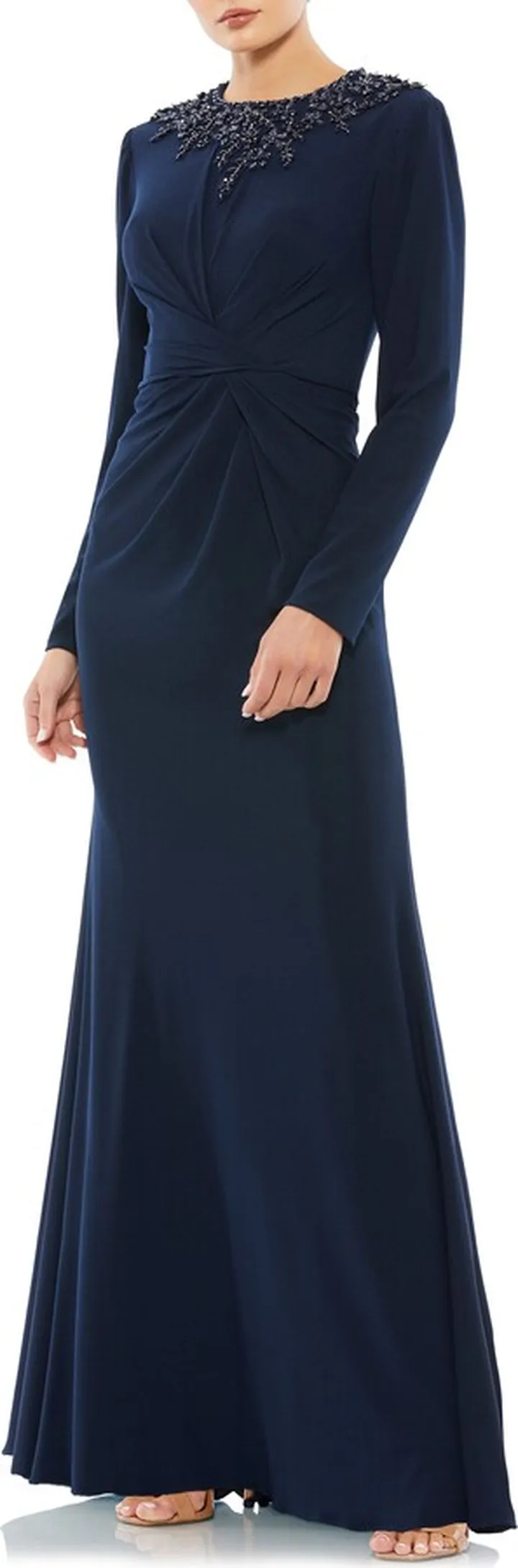 Beaded High Neck Long Sleeve Gown