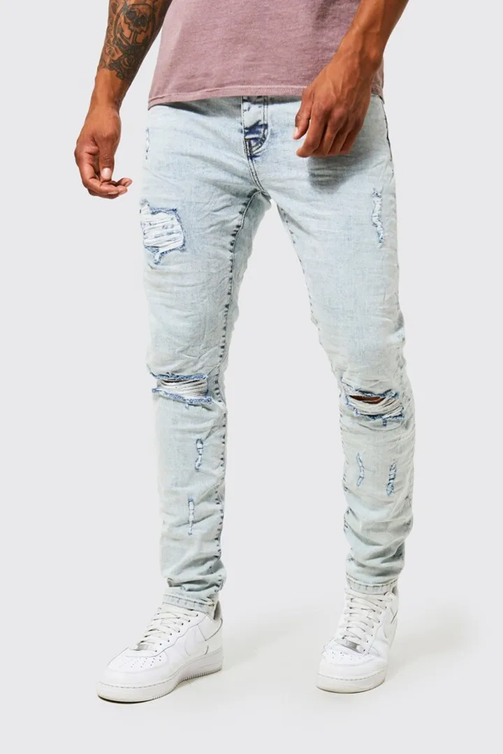 Skinny Stretch Ripped Knee Crinkle Jeans