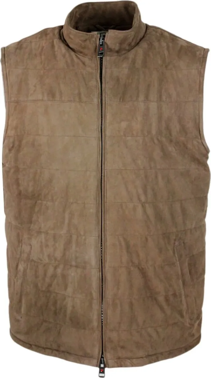 Lightly Padded Soft Suede Sleeveless Gilet With Zip Closure