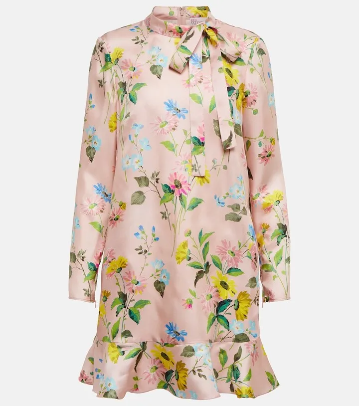 Floral tie-neck silk minidress