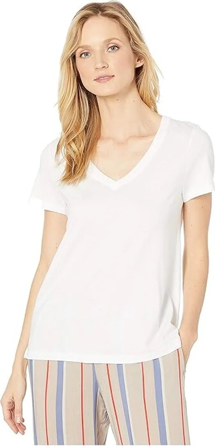 Hanro Sleep Lounge Short Sleeve V-Neck Shirt (White) Women's T Shirt